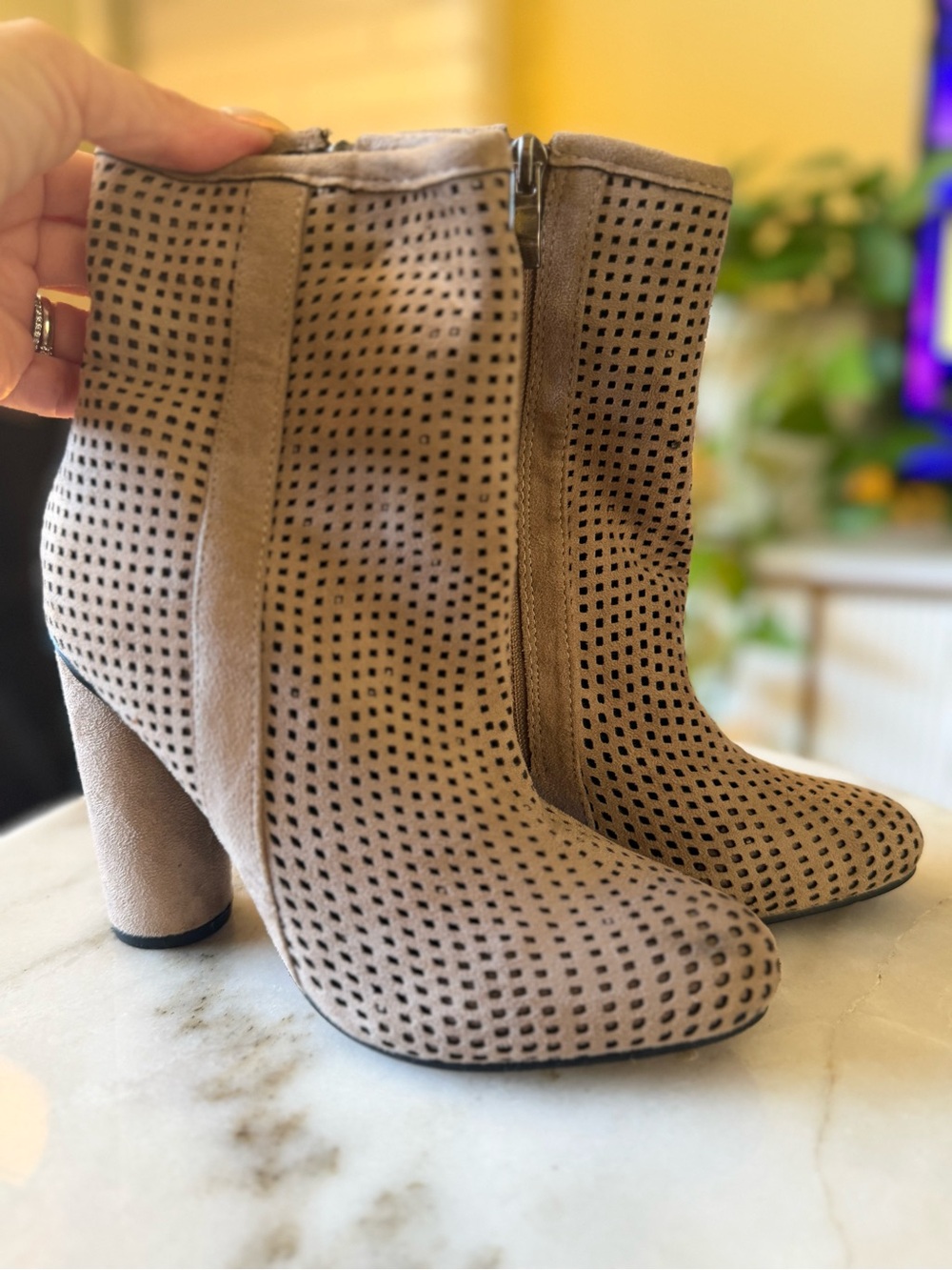 Catherine Malandrino Taupe Perforated Suede Ankle Boots